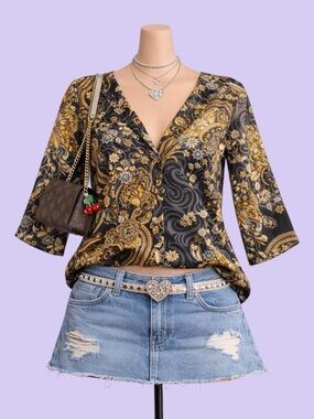 Vintage Y2K Charter Club Black Gold Paisley V-Neck 3/4 Sleeve Blouse Size S Boho